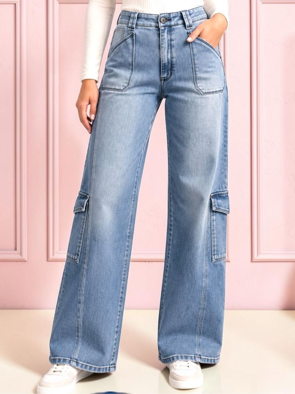 Sneak Peek High Rise Wide Leg Jeans Medium Light Wash Patch Pocket Stretch Denim